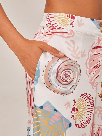 Shell Print Elastic Waist Wide Leg Pants