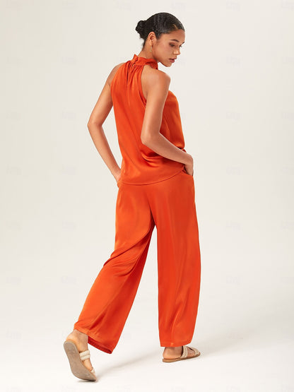 Satin Orange Stand Collar Wide Leg Pants Set