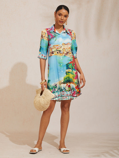 Vacation Scenic Floral Print Straight Satin Shirt Dress