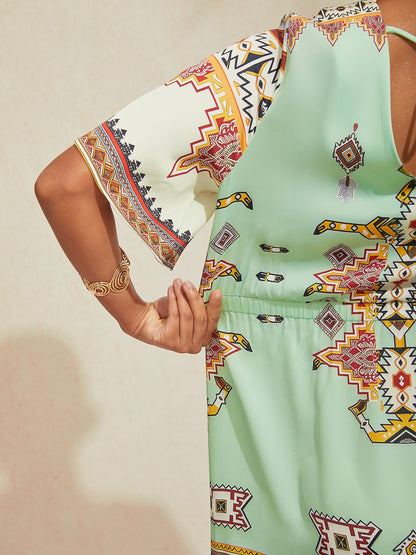 Vacation Vintage Ethnic Geometric Pattern Satin Midi Dress