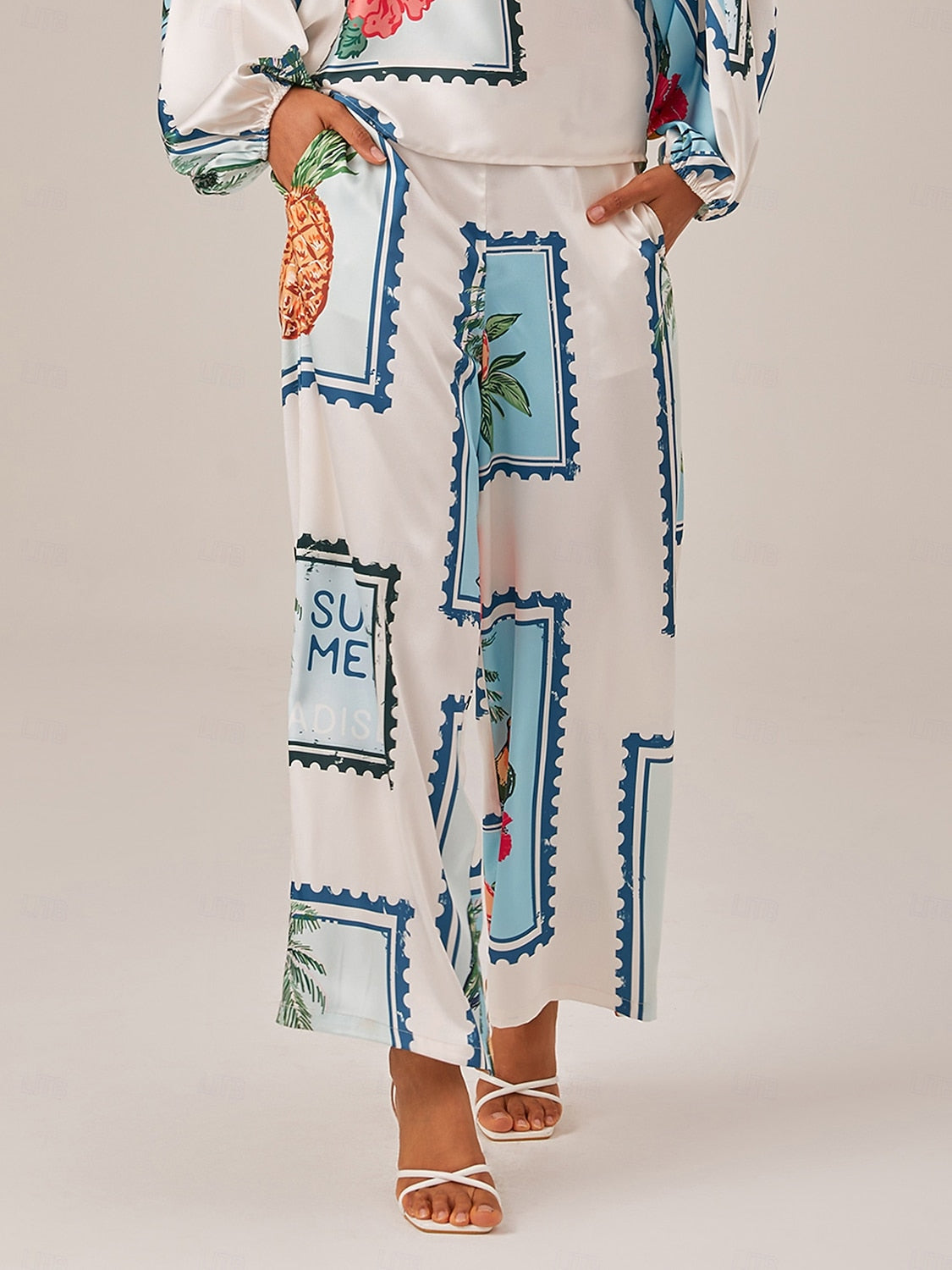 Satin Casual Seamless Pattern Print Elastic Waist Wide Leg Pants