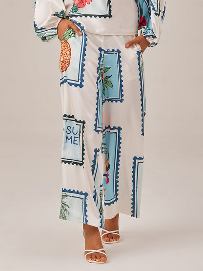 Satin Casual Seamless Pattern Print Elastic Waist Wide Leg Pants