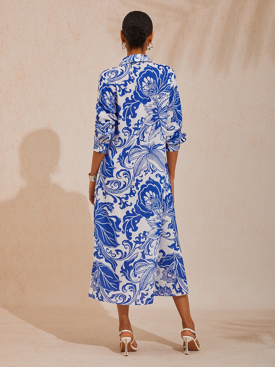 Vacation Blue Floral Straight Linen-Like Shirt Dress