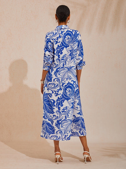 Vacation Blue Floral Straight Linen-Like Shirt Dress