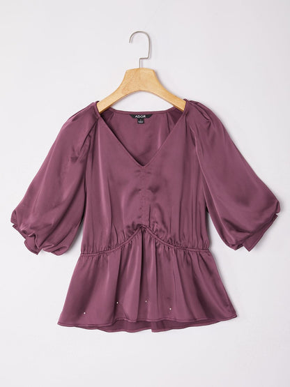 V-Neck Puff Sleeve Peplum Top