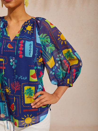 Vacation Tropical Geometric Floral Loose Chiffon Top