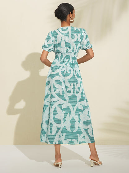 Puff Sleeve V Neck Maxi Dress