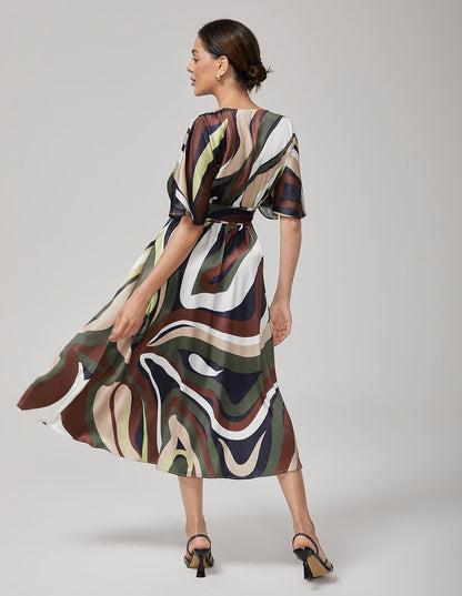 Camouflage Satin V-Neck Cinched Dress