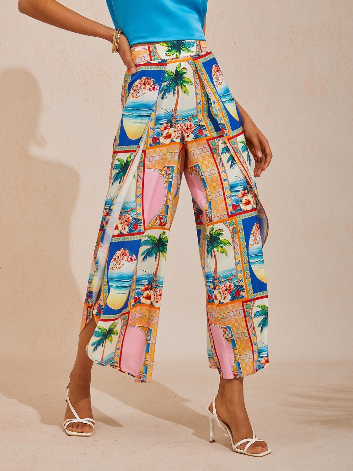 Vacation Geometric Floral Print Curved Hem Cross-over Satin Wide leg Pants