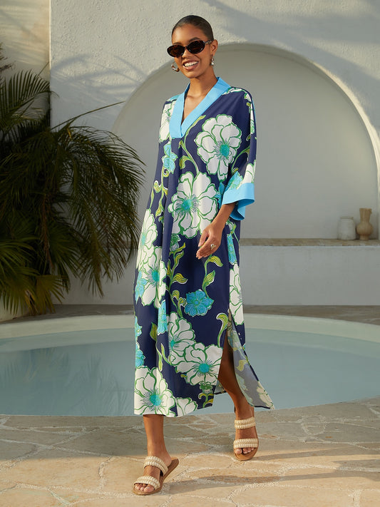 Vacation Color Block Floral Dolman Sleeve Loose Fit Rayon Like Maxi Dress