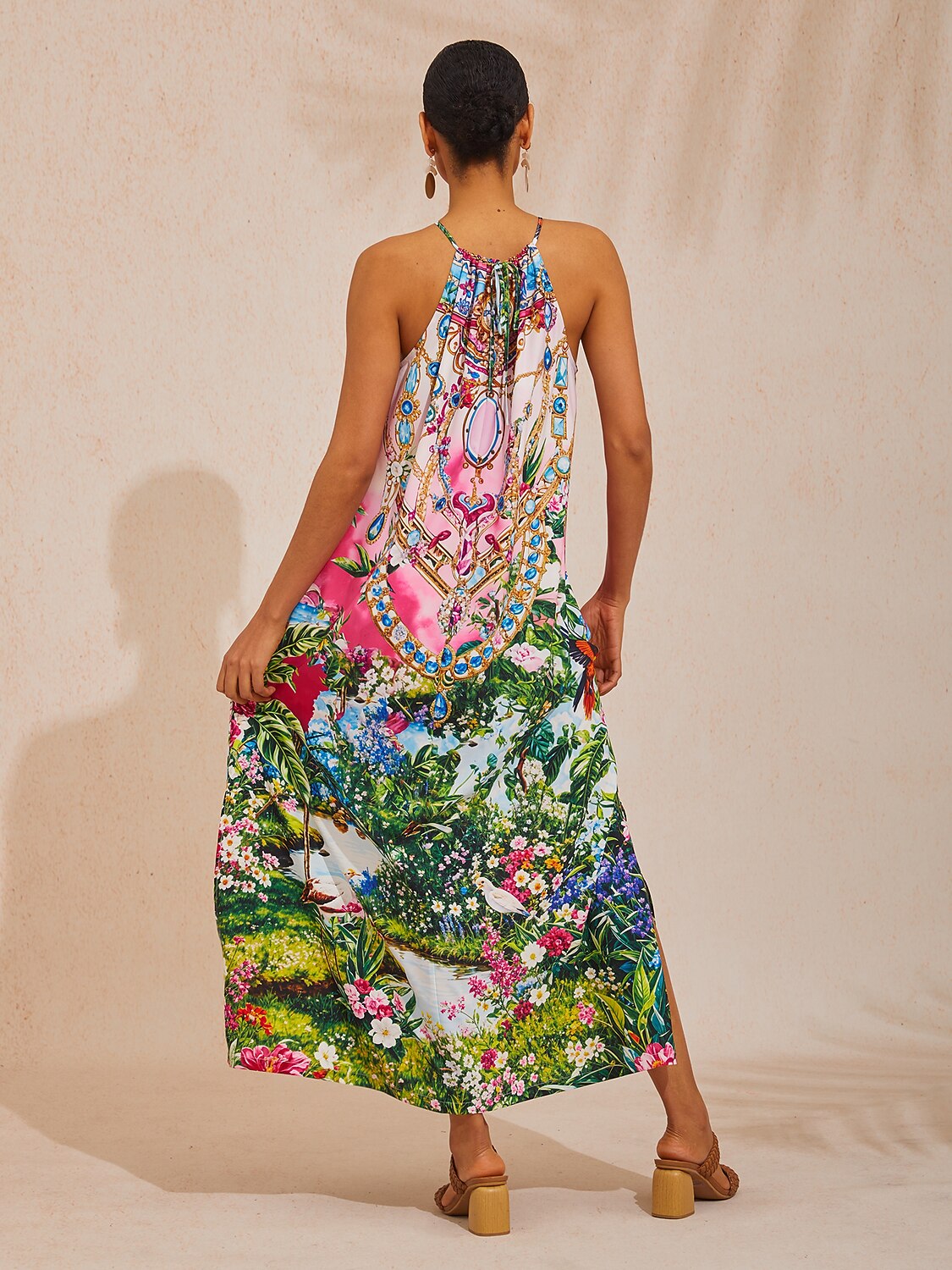 Vacation Jungle Print Sleeveless Loose Satin Maxi Dress