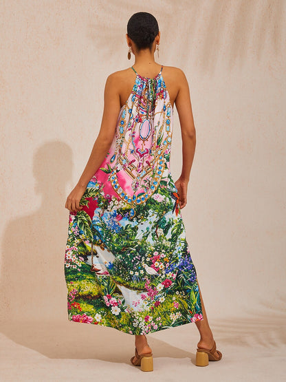 Vacation Jungle Print Sleeveless Loose Satin Maxi Dress