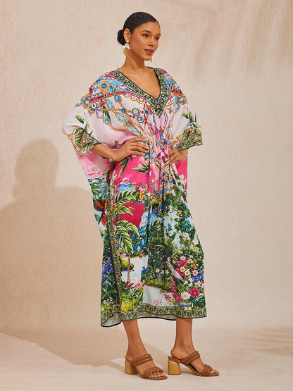 Vacation Floral Chain Print Dolman Sleeve Chiffon Maxi Dress