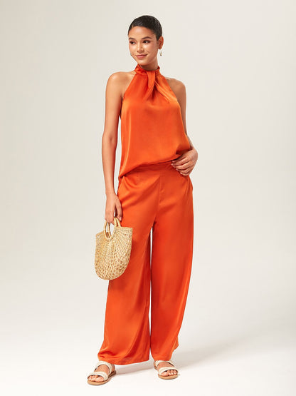 Satin Orange Stand Collar Wide Leg Pants Set