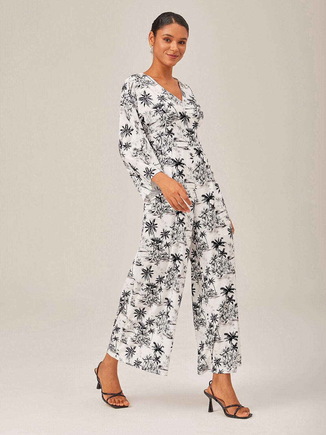 Palm Tree Print Vacation Style Satin Jumpsuit