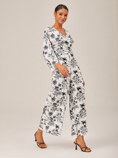 Palm Tree Print Vacation Style Satin Jumpsuit