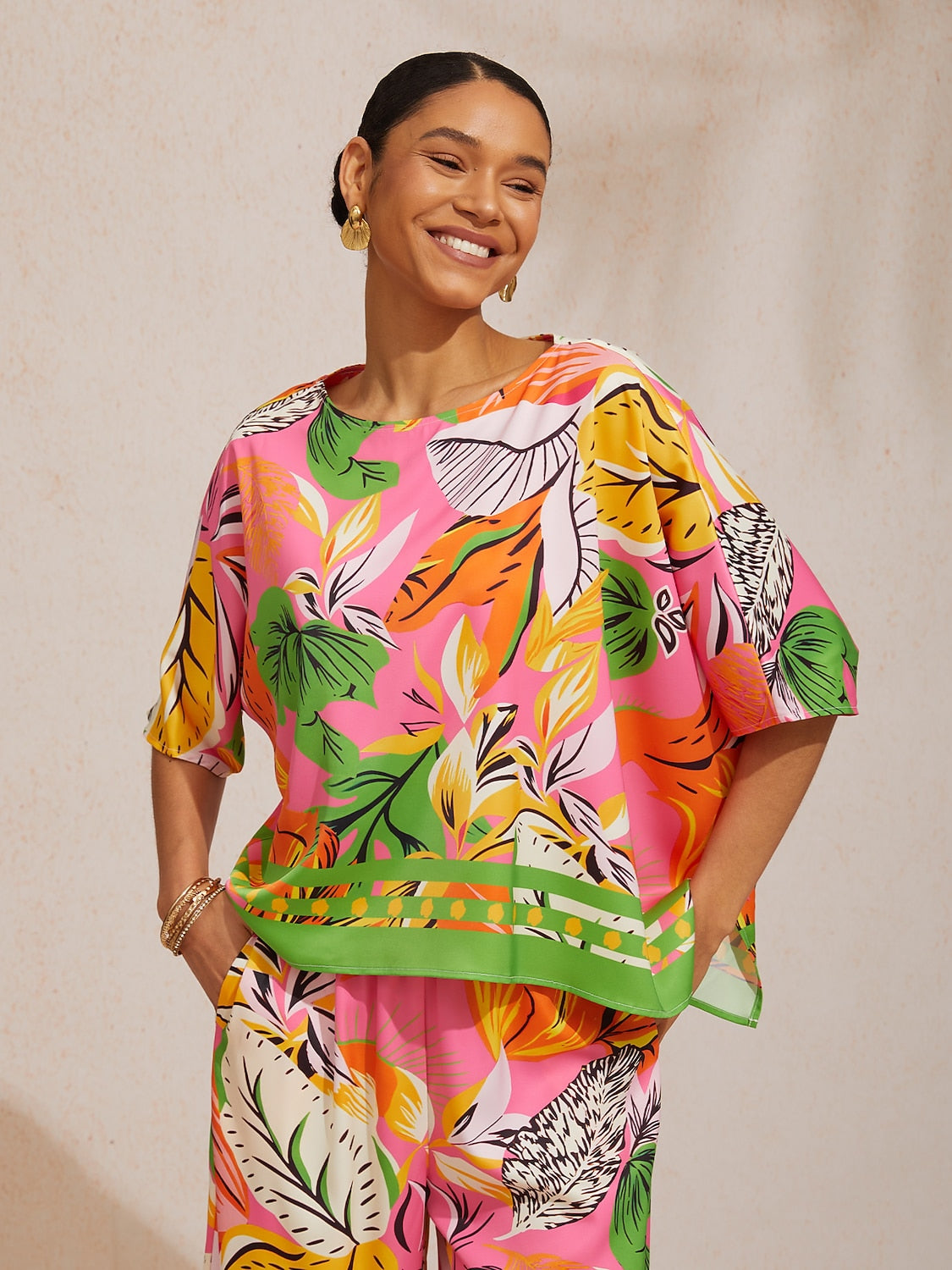 Summer Night Palm Silky Satin Dolman Sleeve Top