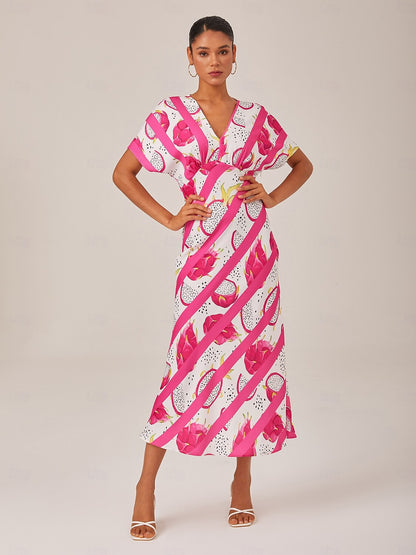Satin Dragon Fruit Stripes Print Vacation Batwing Maxi Dress