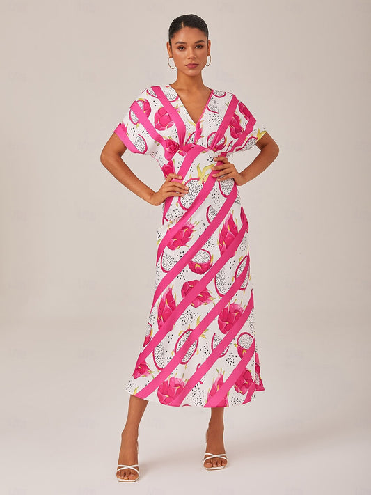 Satin Dragon Fruit Stripes Print Vacation Batwing Maxi Dress