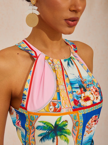 Vacation Geometric Floral Print Waist-cinching Sleeveless Satin Maxi Dress