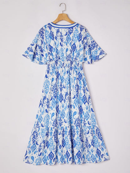 Blue Monochrome Print Empire Waist Midi Dress