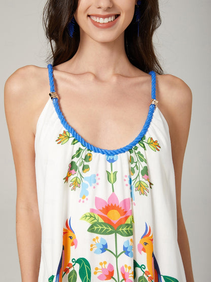 White-Toned Cotton Like Beach Vacation Floral Print Dress