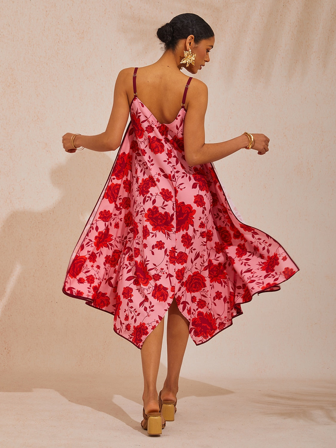 Vacation Pink Floral A-Line Cotton-Like Cami Dress