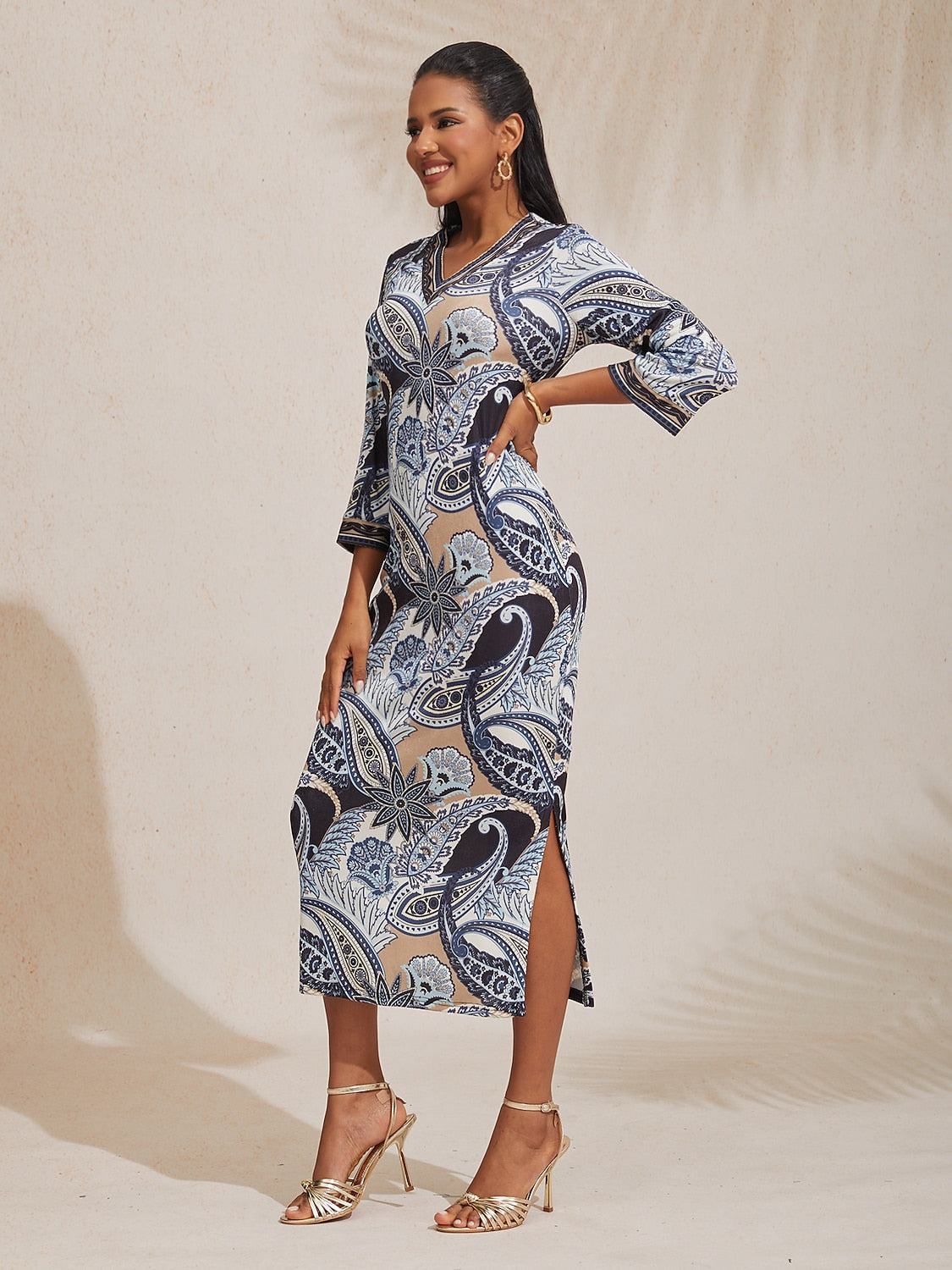 Knit Stretch Fitted Paisley Print Maxi Dress Vacation