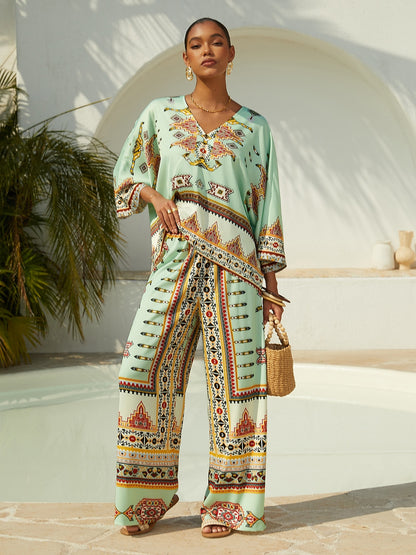 Vacation Geometric Print Satin Wide leg Pants