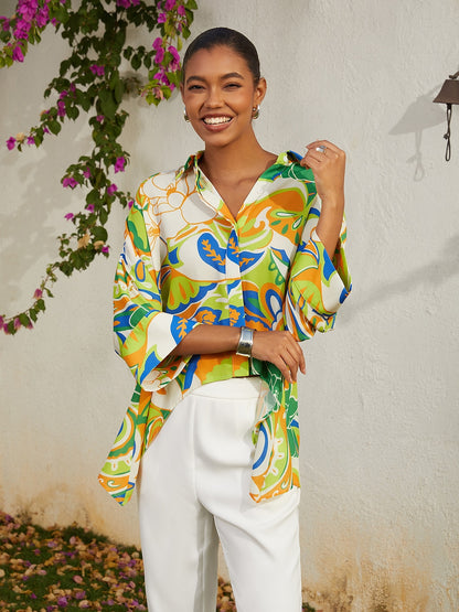 Vacation Green Floral Dolman Sleeve High Low Chiffon Short Shirt