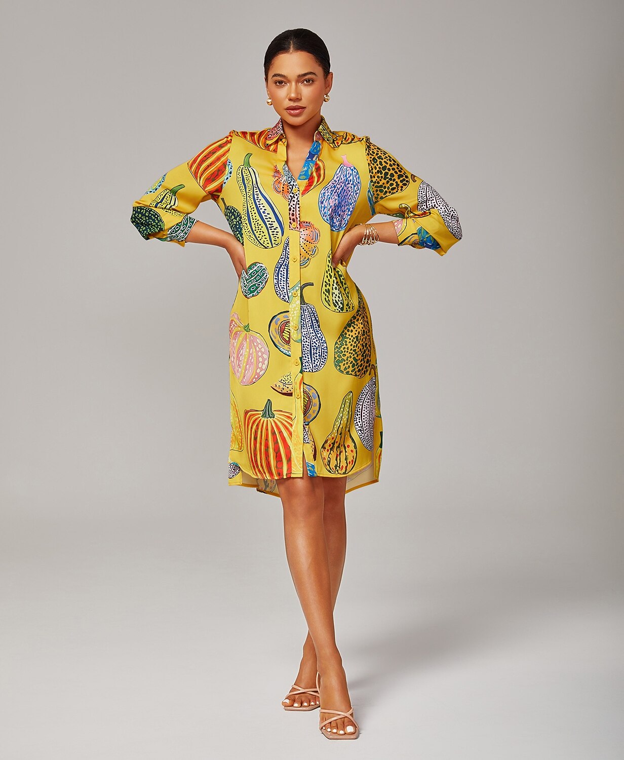 Shirt Dress Asymmetrical Hem Split Design Pumpkin Print