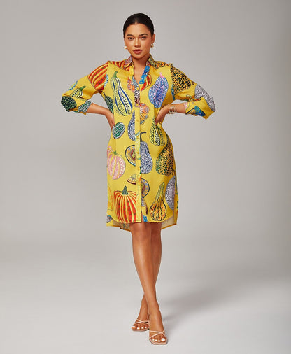 Shirt Dress Asymmetrical Hem Split Design Pumpkin Print