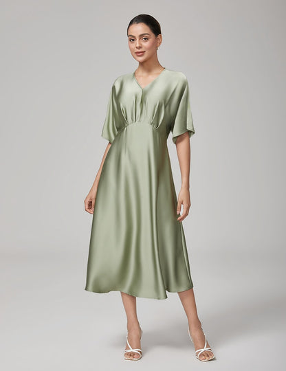 Elegant Pleat V-Neck Dolman Sleeves Satin Dress