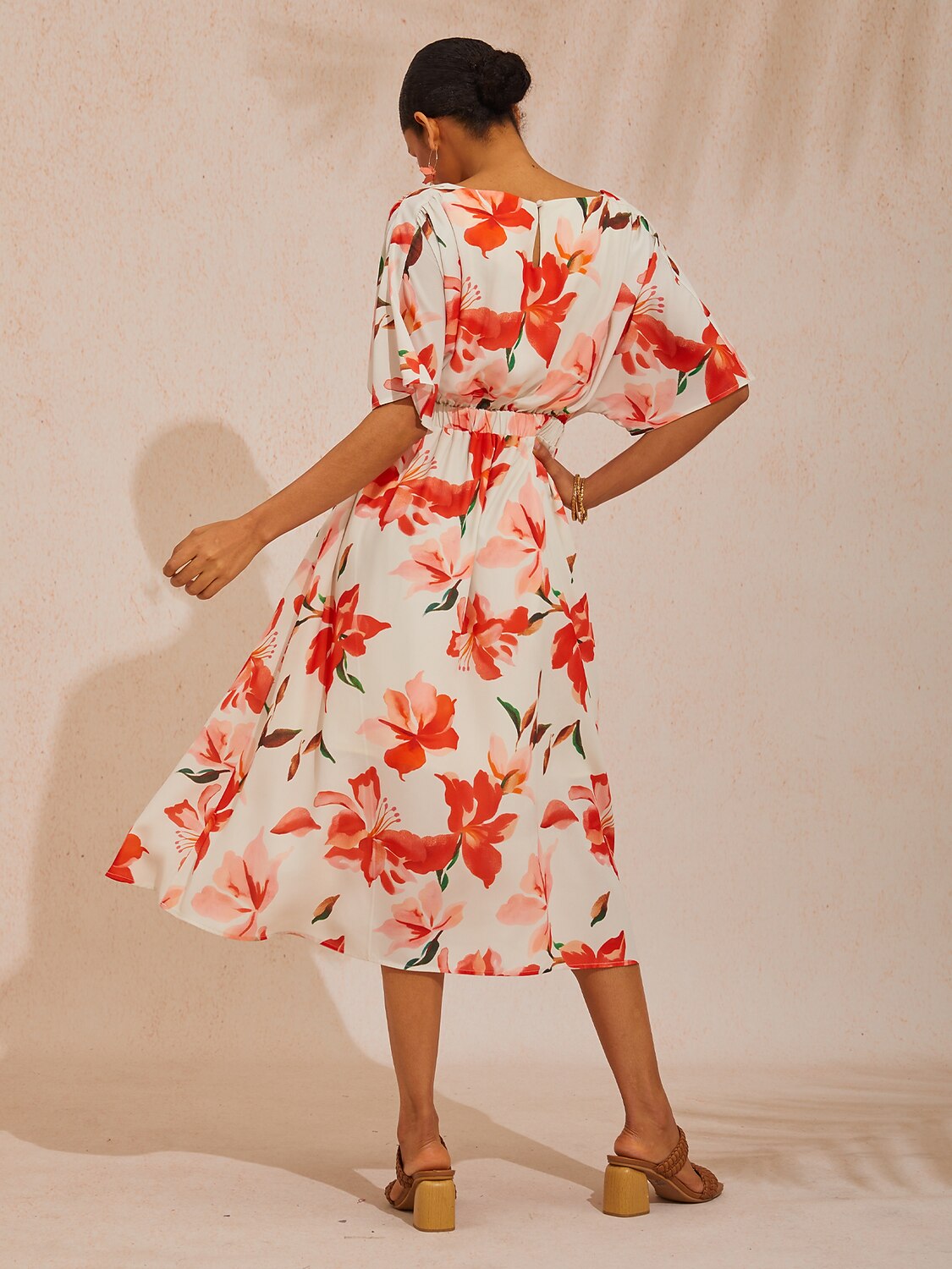 Vacation Pink Floral Print Waist Cinching Chiffon Maxi Dress