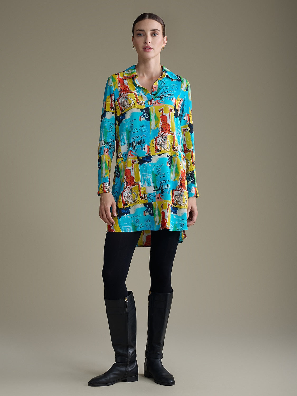 Rayon Graffiti Cuff Lapel Mini Shirt Dress