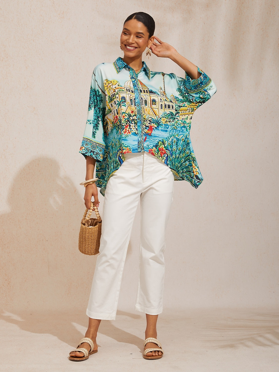 Balearic Islands Blue Silky Satin Dolman Sleeve Top