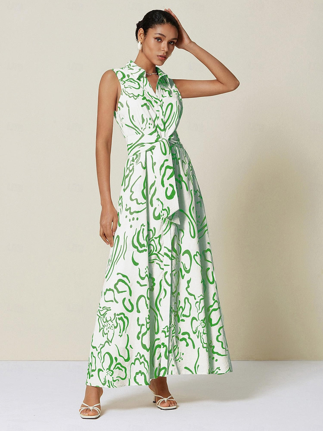 A Line Maxi Shirt Dress Pocket Waist Slim Fit