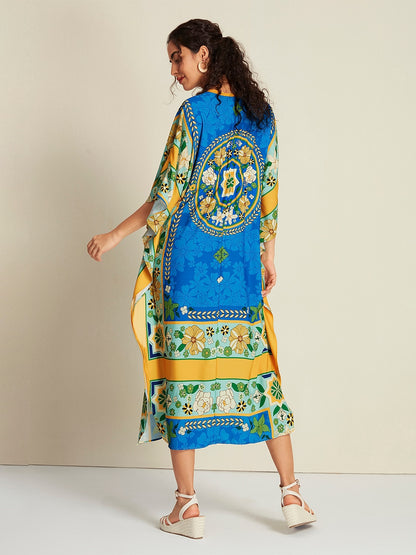 Satin Caftan Bandana Print Raglan Midi Dress