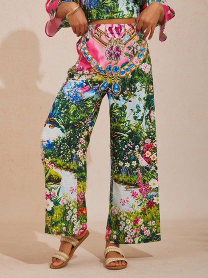 Vacation Jungle Print Straight Satin Wide Leg Pants
