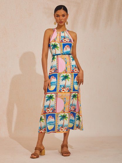 Vacation Geometric Floral Print Waist-cinching Sleeveless Satin Maxi Dress
