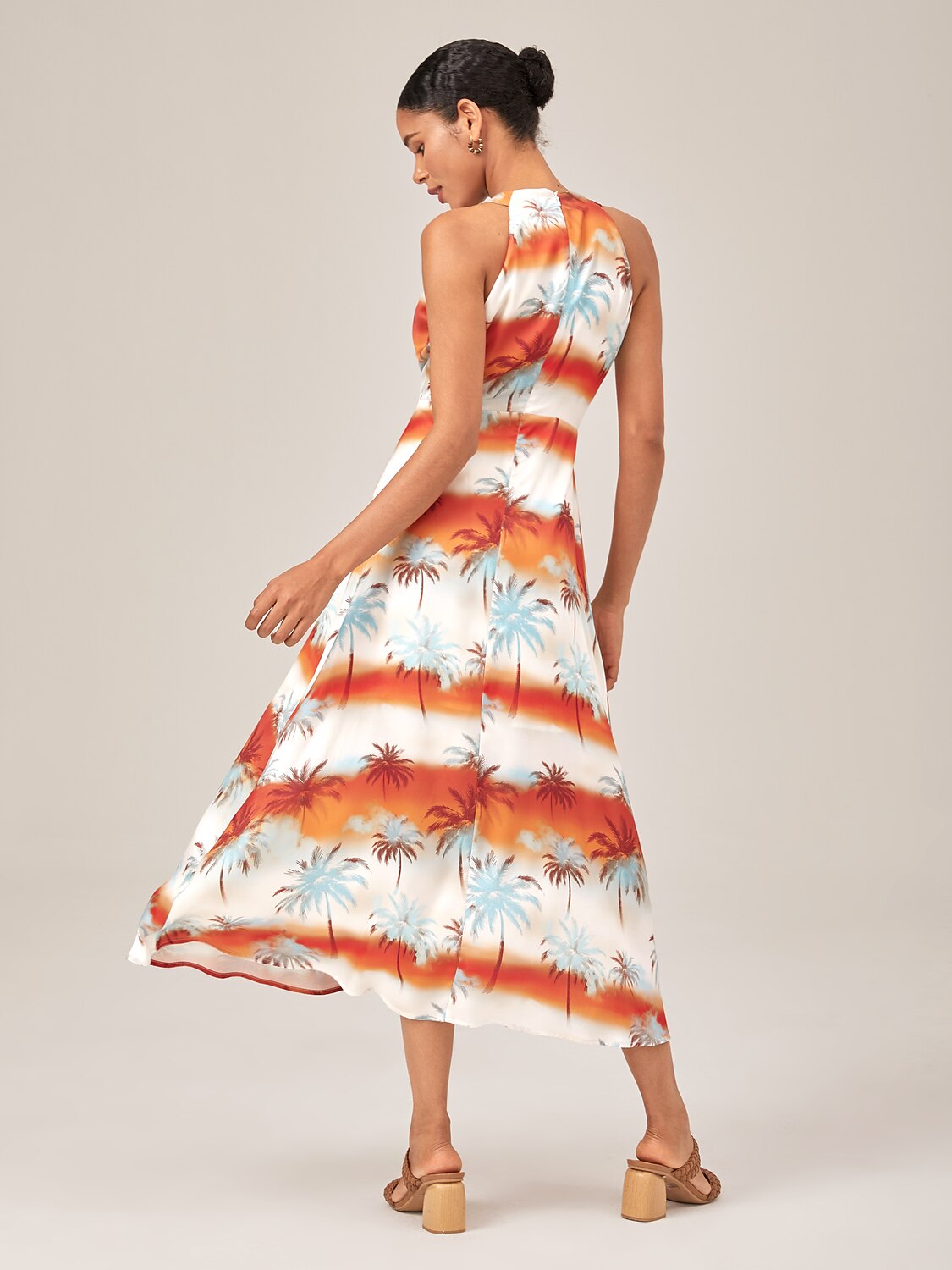 Palm Tree Sunset Print Halter Neck Maxi Dress