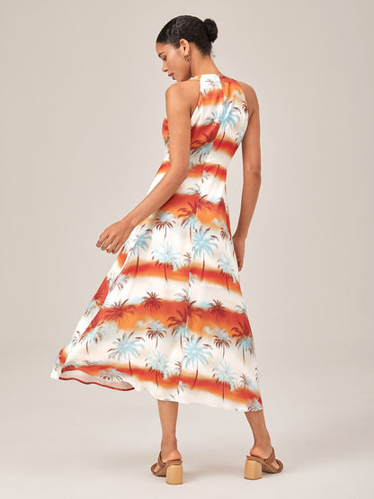Palm Tree Sunset Print Halter Neck Maxi Dress