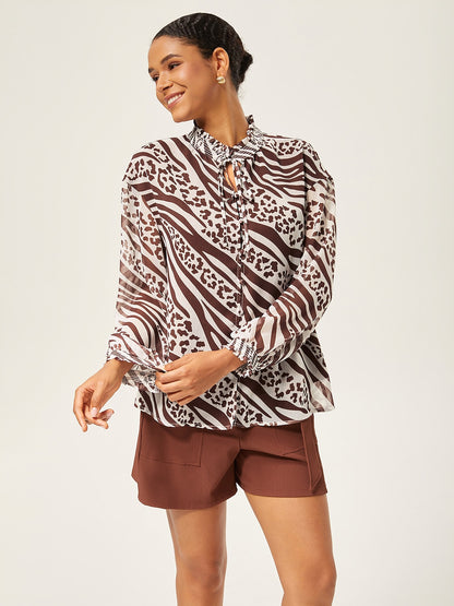 Animal Print Ruched Long Sleeve Pullover