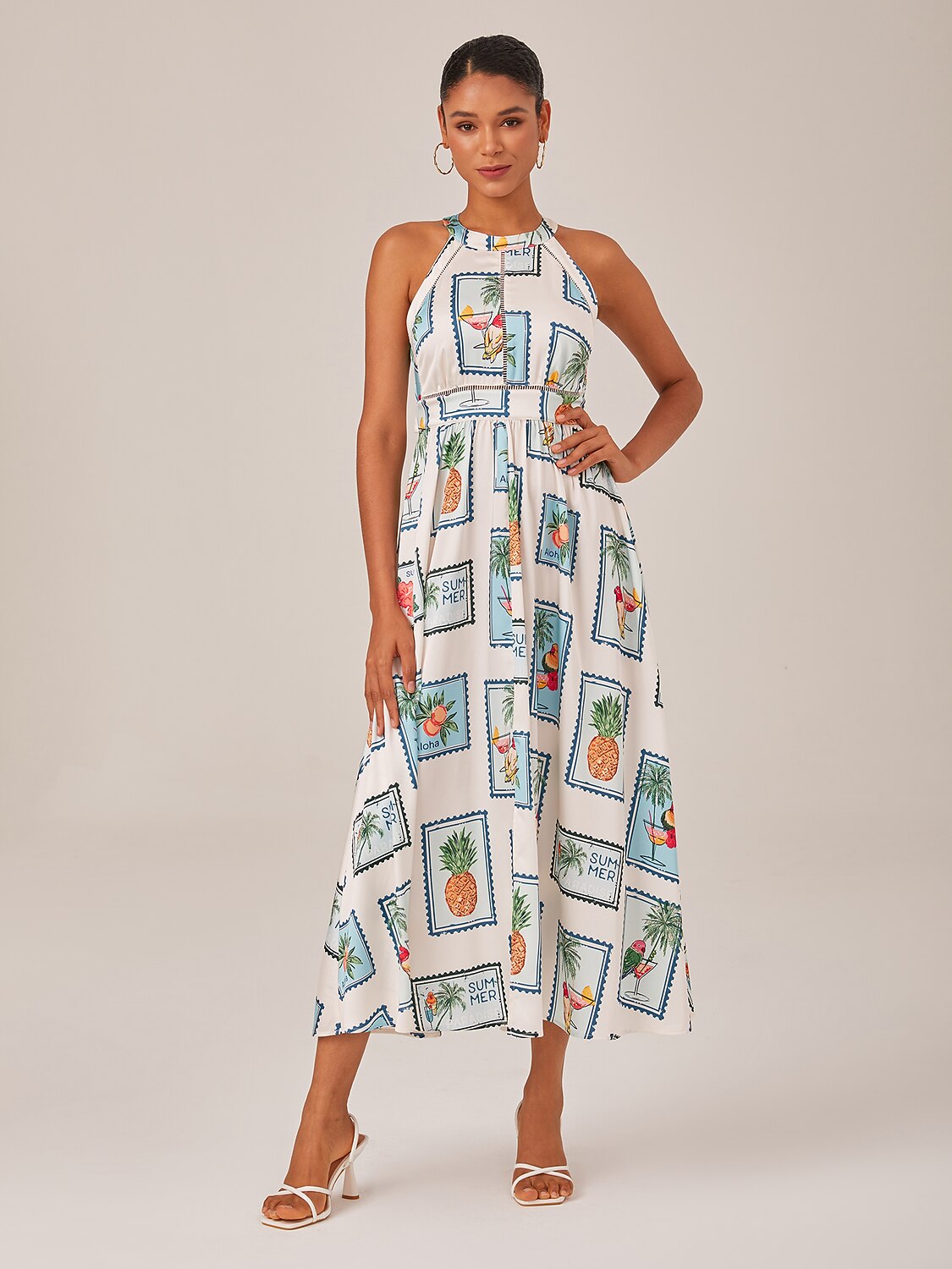 Seamless Pattern Print Halter Neck Maxi Dress