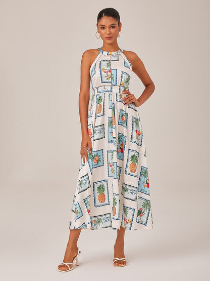 Seamless Pattern Print Halter Neck Maxi Dress