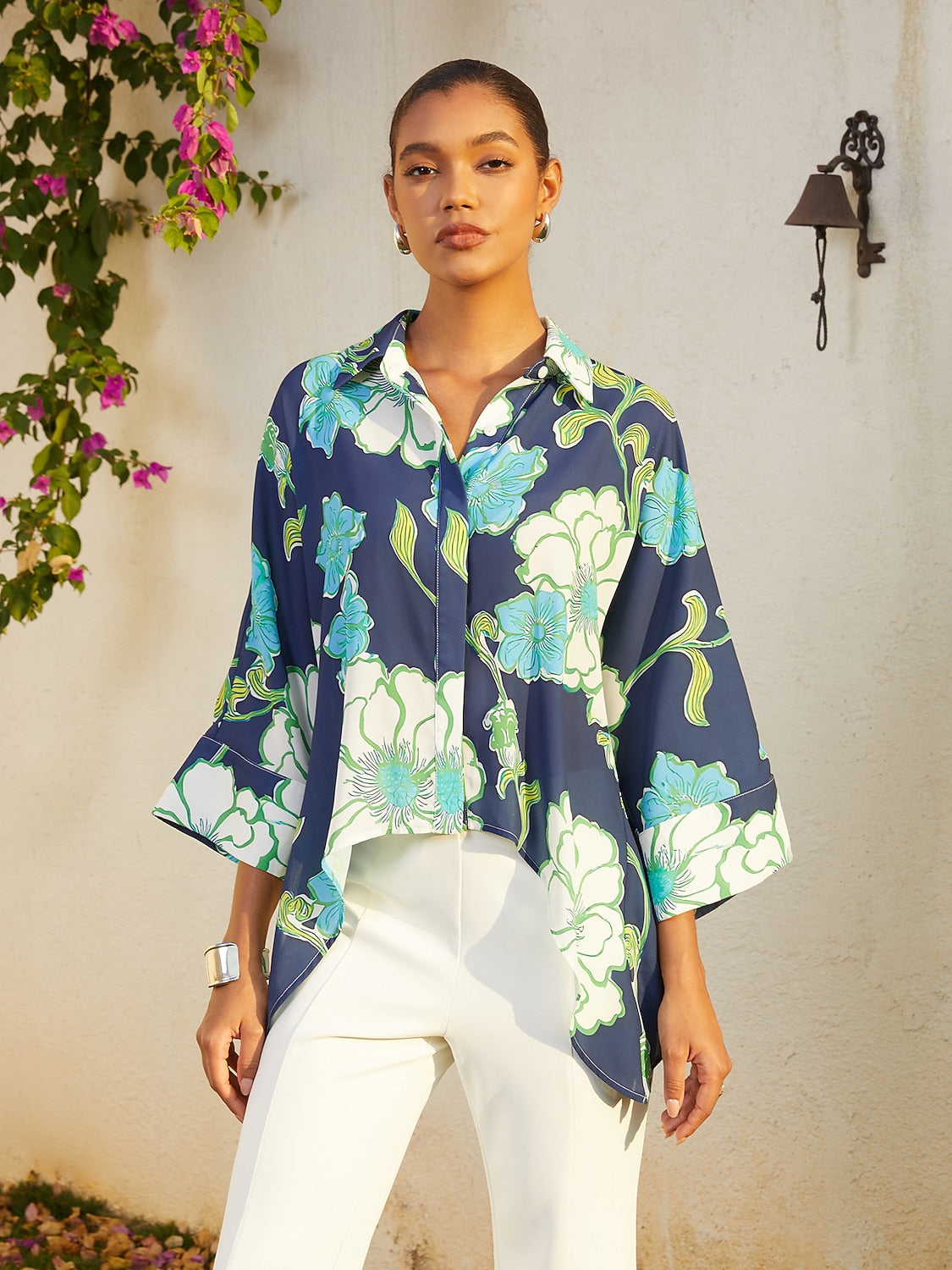 Vacation Green Floral High Low Chiffon Short Shirt