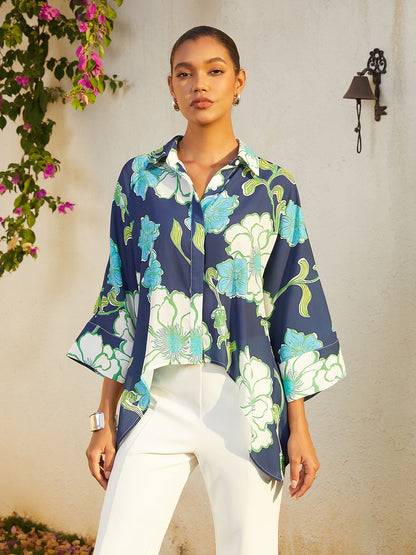 Vacation Green Floral High Low Chiffon Short Shirt