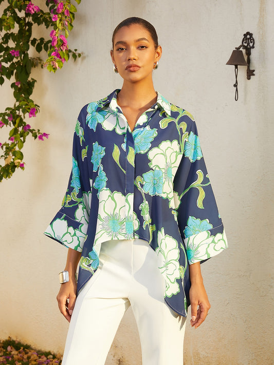 Vacation Green Floral High Low Chiffon Short Shirt