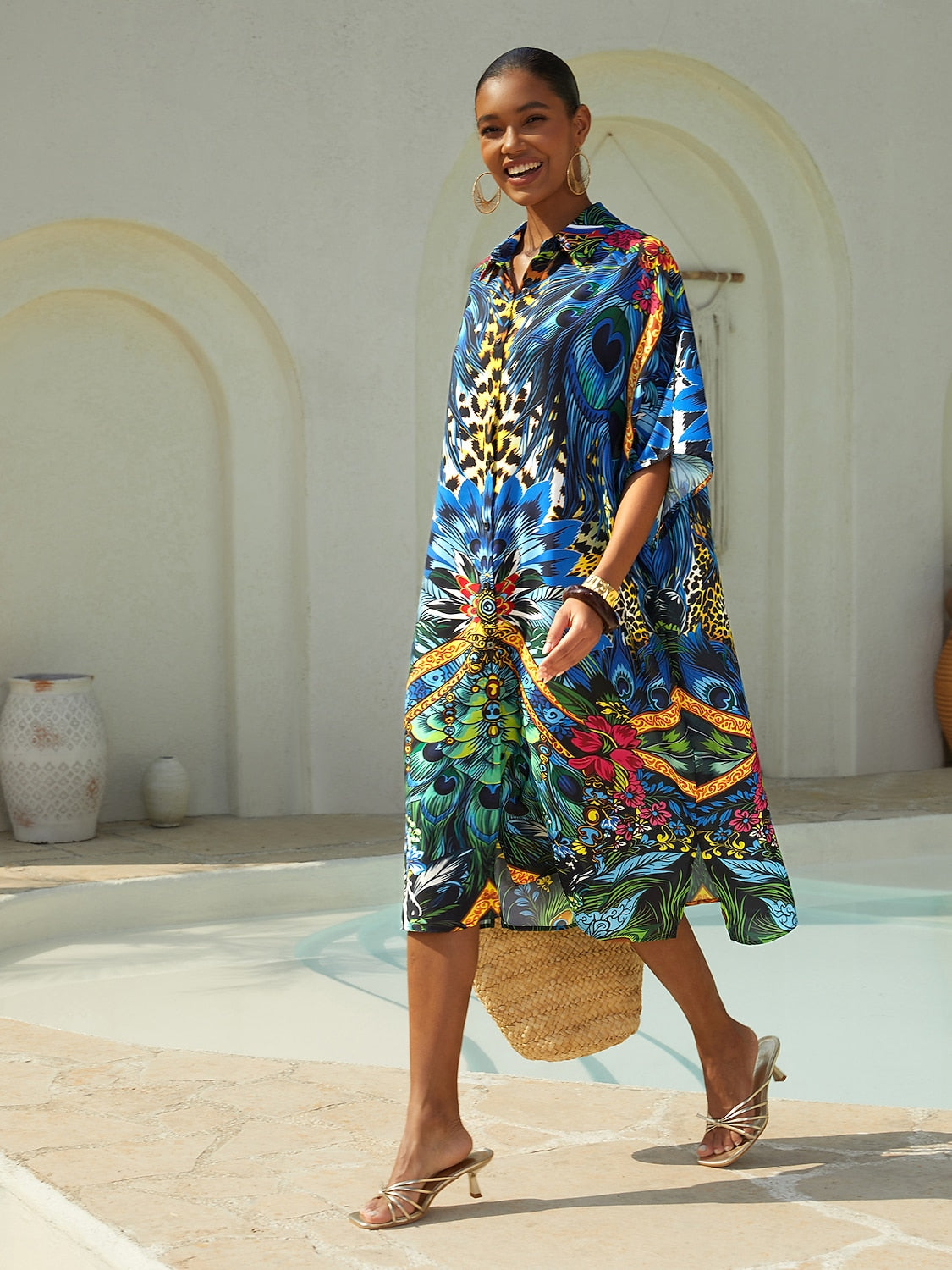 Vacation Feather Leopard Print Dolman Sleeve Fit Chiffon Shirt Dress