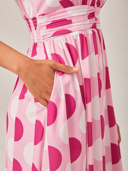 Pink Polka Dot Geometric Print Cinched Waist Dress